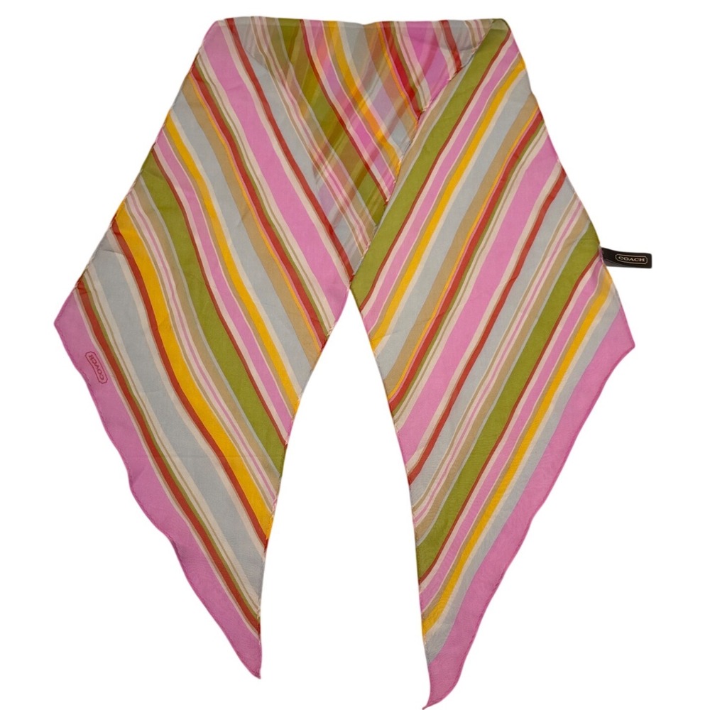 Coach Multi Color Striped 100% Silk Neck Scarf Pink Orange Green RN26128